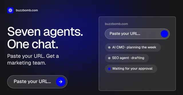 Social ad for BuzzBomb: "Seven agents. One chat." Agentic glass style, bottom layout, dark palette in black, blue, grey.