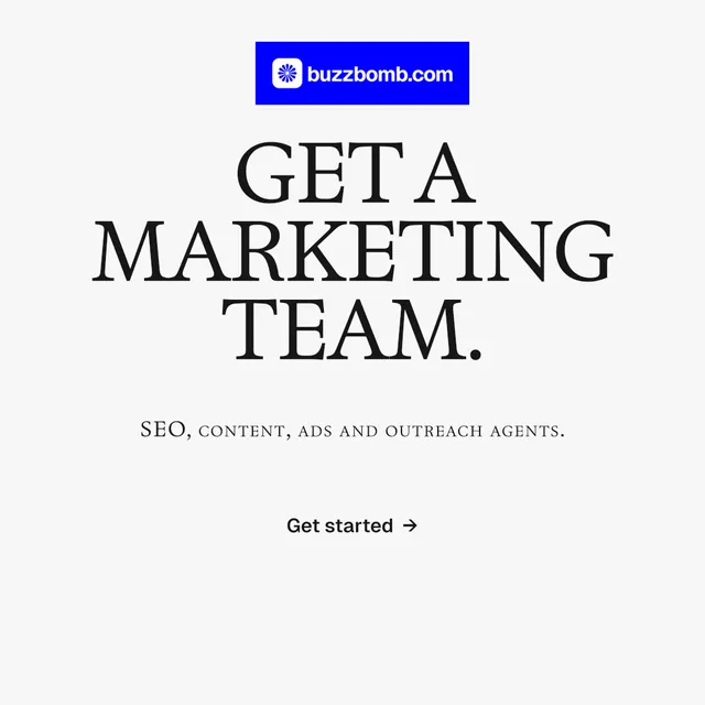 Instagram post for BuzzBomb: "Get a marketing team." Swiss style, smallcaps layout, light palette in white, blue.