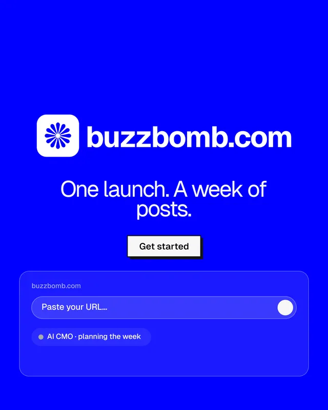 Instagram portrait post for BuzzBomb: "One launch. A week of posts." Brutalist style, logo hero layout, dark palette in blue.