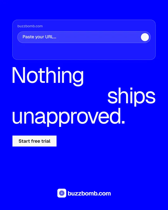 Instagram portrait post for BuzzBomb: "Nothing ships unapproved." Split block style, stacked layout, dark palette in blue.