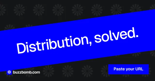 Social ad for BuzzBomb: "Distribution, solved." Split block style, diagonal layout, dark palette in black, blue.