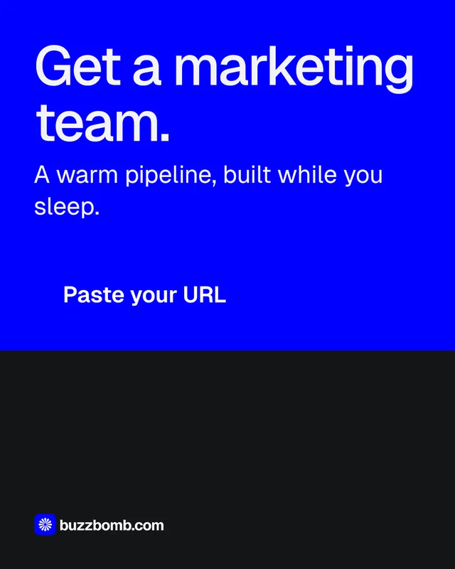 Instagram portrait post for BuzzBomb: "Get a marketing team." Split block style, skeleton layout, dark palette in blue, black.