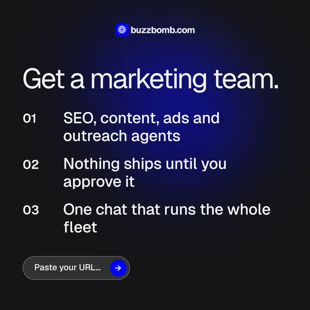Instagram post for BuzzBomb: "Get a marketing team." Agentic glass style, numbered layout, dark palette in black, blue, grey.