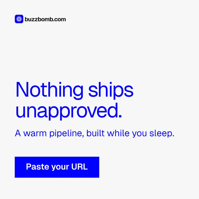 Instagram post for BuzzBomb: "Nothing ships unapproved." Swiss style, skeleton layout, light palette in white, blue.