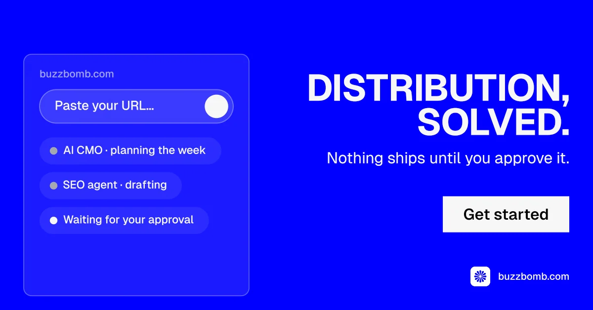 Social ad for BuzzBomb: "Distribution, solved." Split block style, right layout, dark palette in blue.