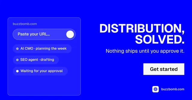 Social ad for BuzzBomb: "Distribution, solved." Split block style, right layout, dark palette in blue.