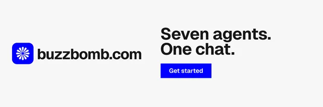 X header for BuzzBomb: "Seven agents. One chat." Swiss style, logo hero layout, light palette in white.