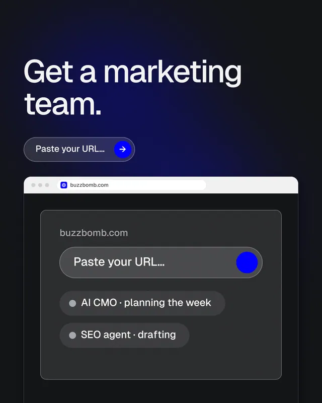 Instagram portrait post for BuzzBomb: "Get a marketing team." Agentic glass style, browser layout, dark palette in black, blue, grey.