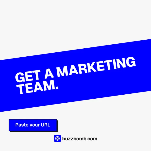 Instagram post for BuzzBomb: "Get a marketing team." Brutalist style, diagonal layout, light palette in white, blue.