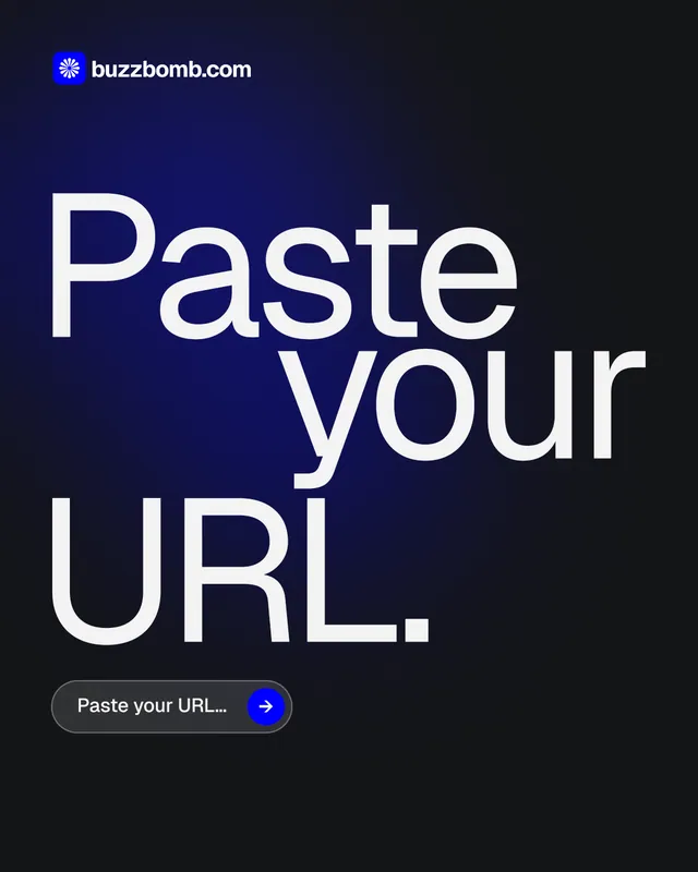 Instagram portrait post for BuzzBomb: "Paste your URL." Agentic glass style, stacked layout, dark palette in black, blue, grey.
