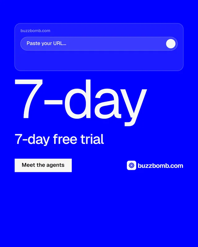 Instagram portrait post for BuzzBomb: "Get a marketing team." Split block style, stat layout, dark palette in blue.
