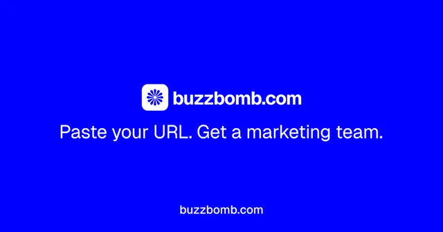 Social ad for BuzzBomb: "Distribution, solved." Swiss style, end card layout, dark palette in blue.