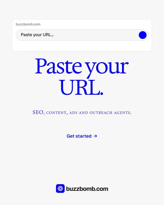 Instagram portrait post for BuzzBomb: "Paste your URL." Agentic glass style, smallcaps layout, light palette in white, blue.