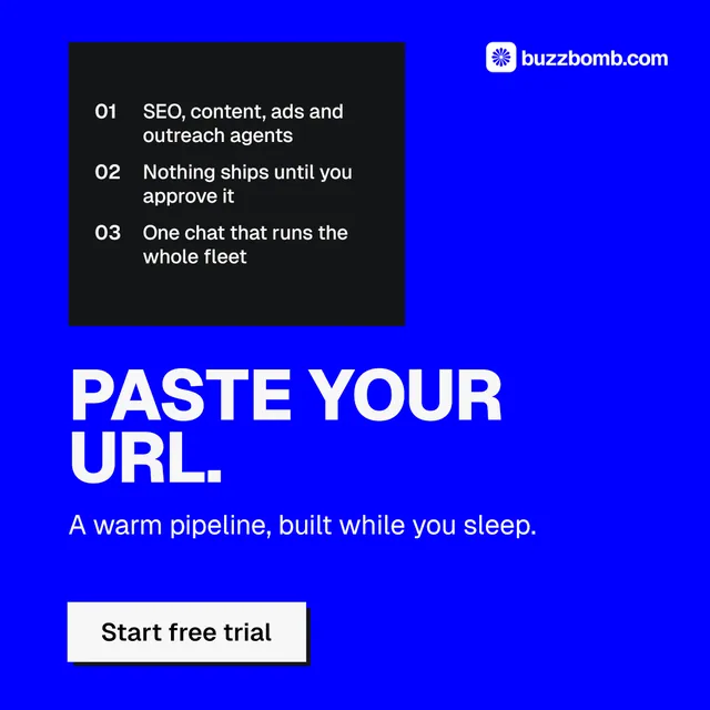 Instagram post for BuzzBomb: "Paste your URL." Brutalist style, skeleton layout, dark palette in blue.