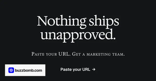Social ad for BuzzBomb: "Nothing ships unapproved." Split block style, smallcaps layout, dark palette in black, grey.