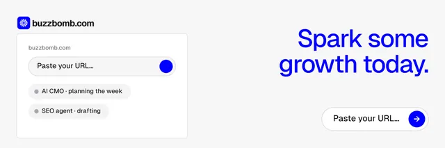 X header for BuzzBomb: "Spark some growth today." Agentic glass style, right layout, light palette in white, blue.