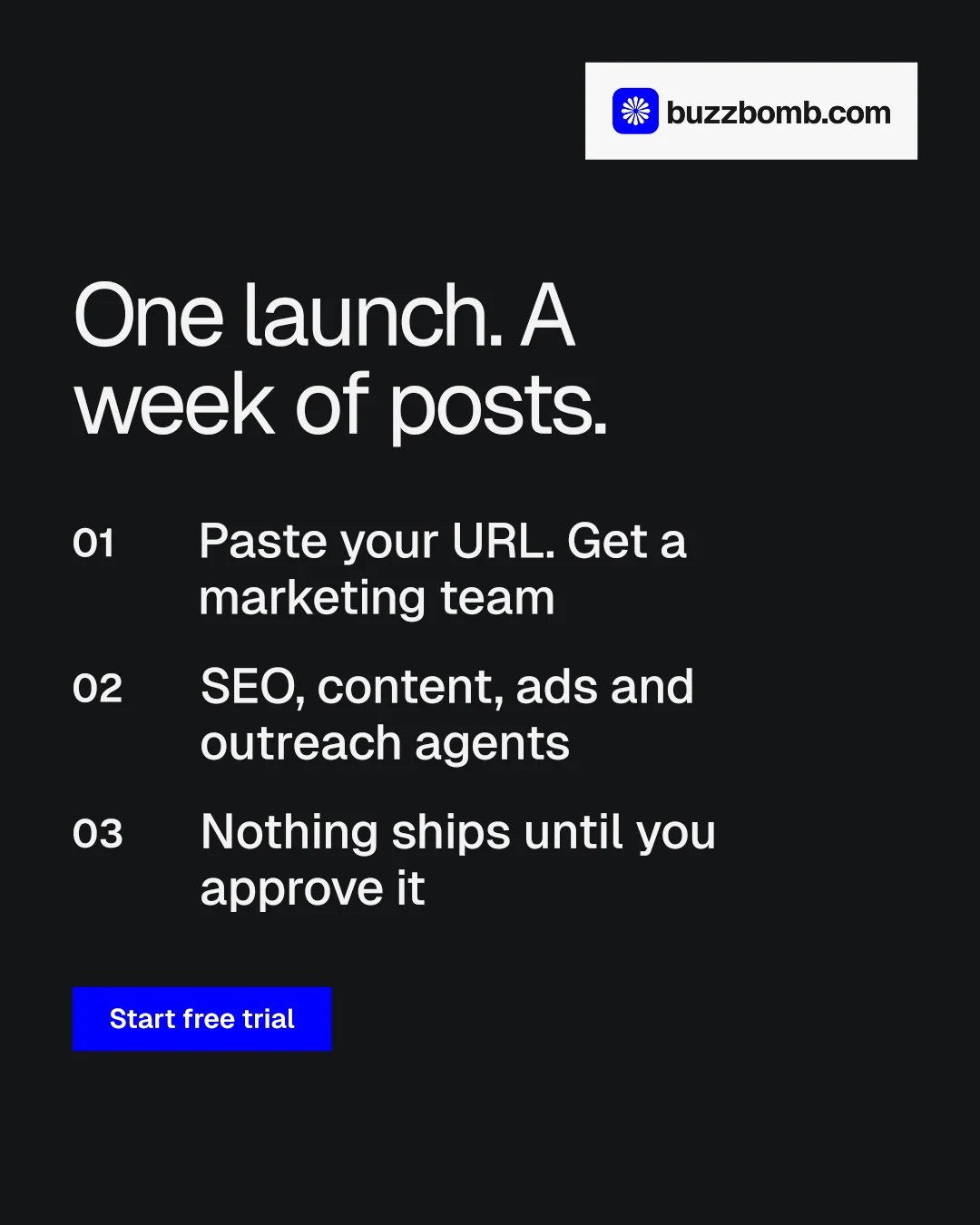 Instagram portrait post for BuzzBomb: "One launch. A week of posts." Swiss style, numbered layout, dark palette in black, grey.