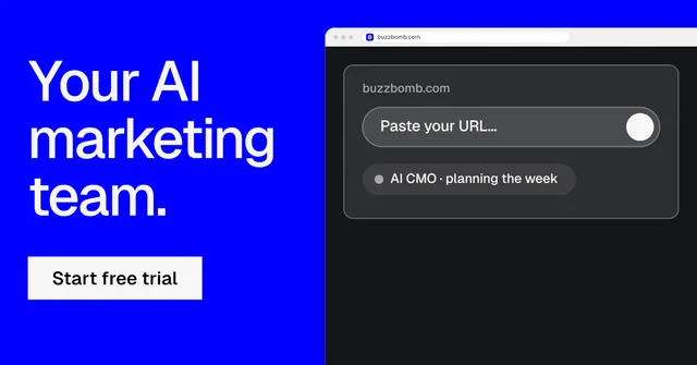 Social ad for BuzzBomb: "Your AI marketing team." Swiss style, browser layout, dark palette in blue, grey.