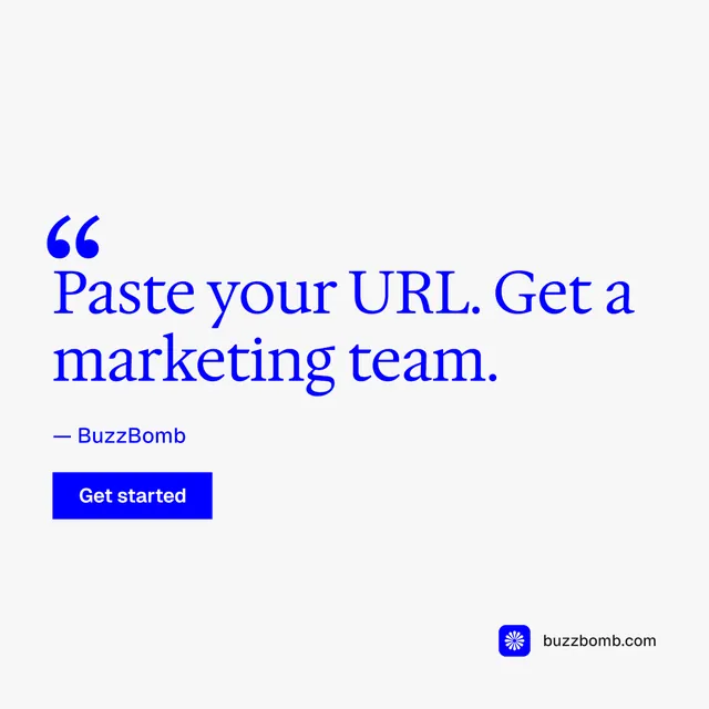 Instagram post for BuzzBomb: "One launch. A week of posts." Swiss style, quote layout, light palette in white, blue.