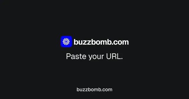 Social ad for BuzzBomb: "Paste your URL." Agentic glass style, end card layout, dark palette in black.