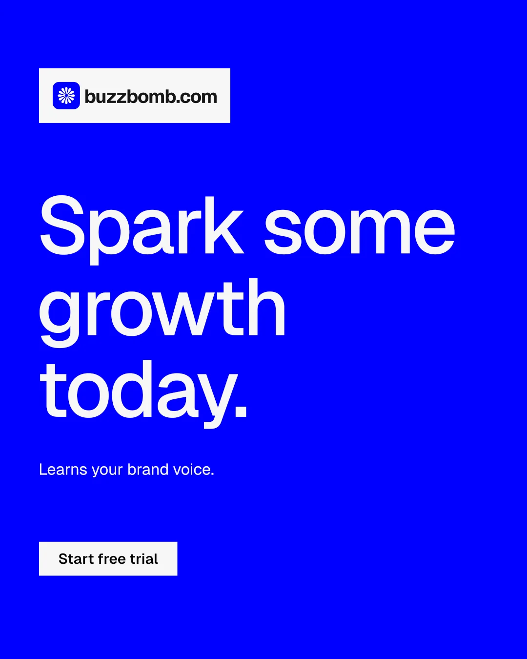 Instagram portrait post for BuzzBomb: "Spark some growth today." Split block style, announce layout, dark palette in blue.