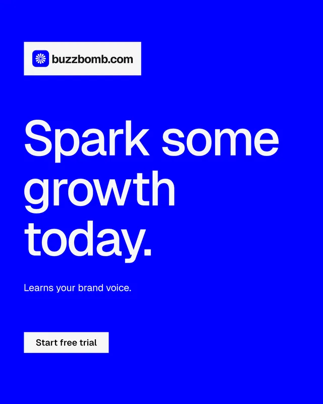 Instagram portrait post for BuzzBomb: "Spark some growth today." Split block style, announce layout, dark palette in blue.