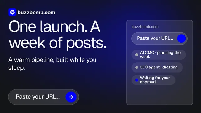 Landscape graphic for BuzzBomb: "One launch. A week of posts." Agentic glass style, skeleton layout, dark palette in blue, grey.
