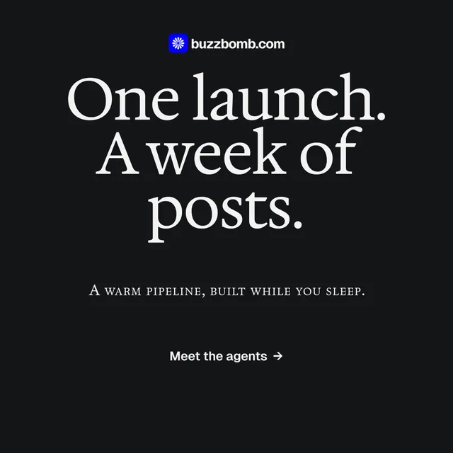 Instagram post for BuzzBomb: "One launch. A week of posts." Swiss style, smallcaps layout, dark palette in black, grey.