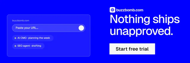 X header for BuzzBomb: "Nothing ships unapproved." Swiss style, skeleton layout, dark palette in blue.