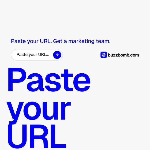 Instagram post for BuzzBomb: "One launch. A week of posts." Agentic glass style, oversized layout, light palette in white, blue.