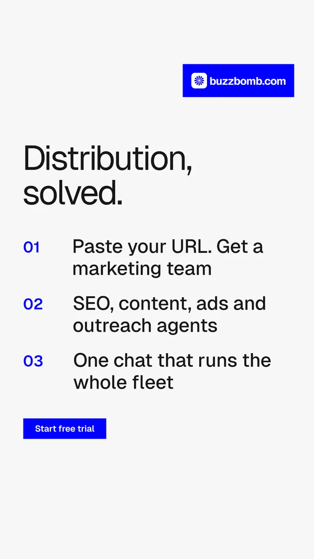 Instagram story for BuzzBomb: "Distribution, solved." Swiss style, numbered layout, light palette in white, blue.