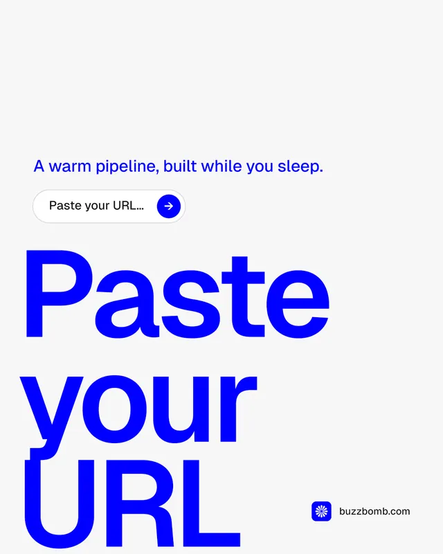 Instagram portrait post for BuzzBomb: "Paste your URL." Agentic glass style, oversized layout, light palette in white, blue.