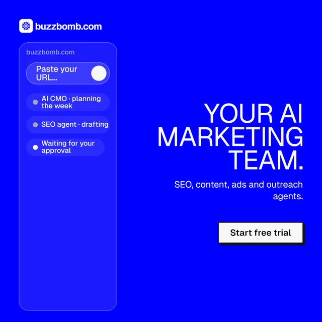 Instagram post for BuzzBomb: "Your AI marketing team." Brutalist style, right layout, dark palette in blue.