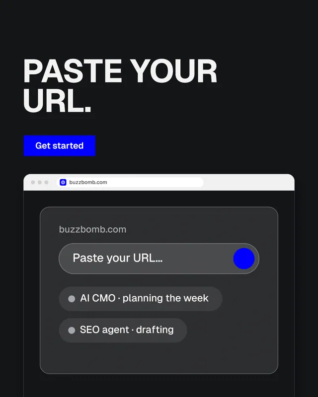 Instagram portrait post for BuzzBomb: "Paste your URL." Split block style, browser layout, dark palette in black, grey.