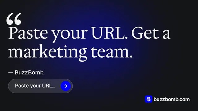 Landscape graphic for BuzzBomb: "Paste your URL." Agentic glass style, quote layout, dark palette in black, blue, grey.