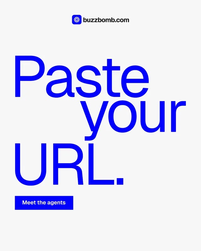 Instagram portrait post for BuzzBomb: "Paste your URL." Swiss style, stacked layout, light palette in white, blue.