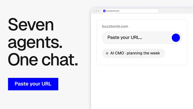 Landscape graphic for BuzzBomb: "Seven agents. One chat." Swiss style, browser layout, light palette in white, blue.