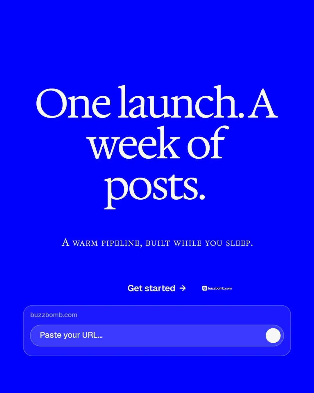 Instagram portrait post for BuzzBomb: "One launch. A week of posts." Split block style, smallcaps layout, dark palette in blue.