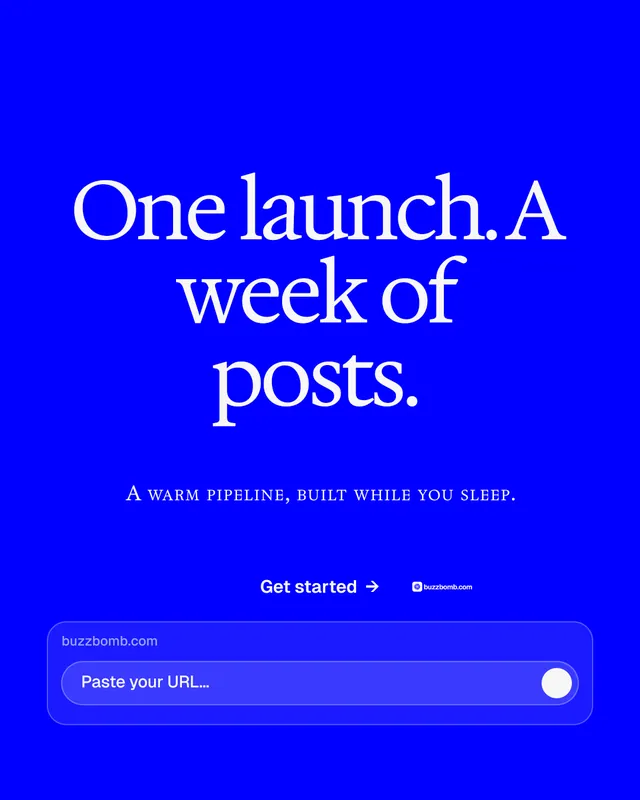Instagram portrait post for BuzzBomb: "One launch. A week of posts." Split block style, smallcaps layout, dark palette in blue.