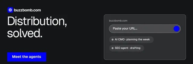 X header for BuzzBomb: "Distribution, solved." Split block style, bottom layout, dark palette in black, grey.