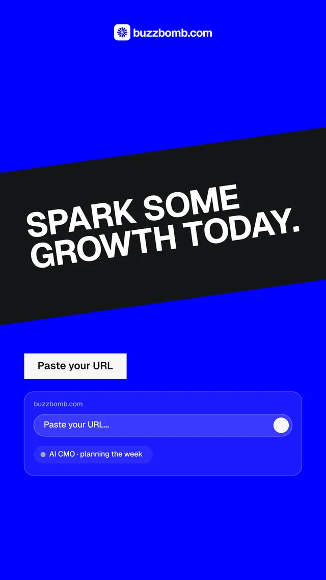 Instagram story for BuzzBomb: "Spark some growth today." Swiss style, diagonal layout, dark palette in blue.