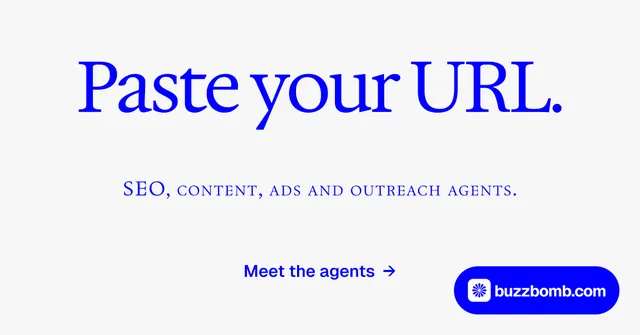 Social ad for BuzzBomb: "Paste your URL." Agentic glass style, smallcaps layout, light palette in white, blue.