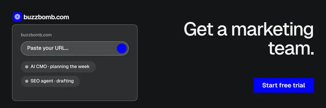 X header for BuzzBomb: "Get a marketing team." Split block style, right layout, dark palette in black, grey.