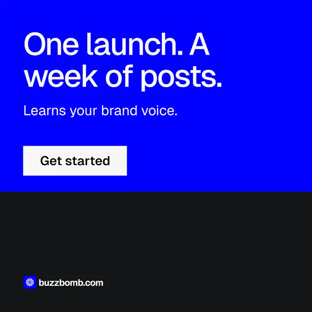 Instagram post for BuzzBomb: "One launch. A week of posts." Split block style, skeleton layout, dark palette in blue, black.