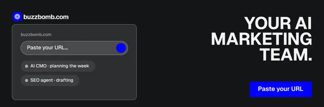 X header for BuzzBomb: "Your AI marketing team." Split block style, right layout, dark palette in black, grey.