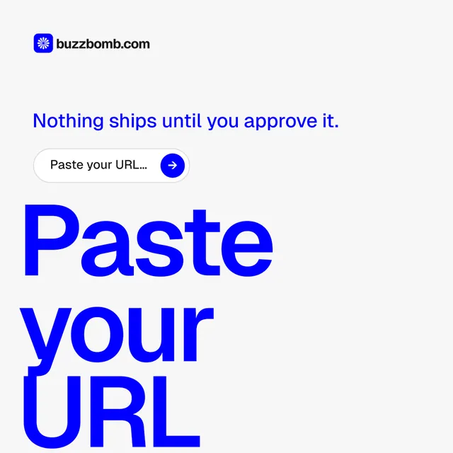 Instagram post for BuzzBomb: "Paste your URL." Agentic glass style, oversized layout, light palette in white, blue.