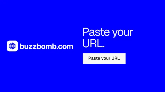 Landscape graphic for BuzzBomb: "Paste your URL." Split block style, logo hero layout, dark palette in blue.