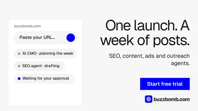 Landscape graphic for BuzzBomb: "One launch. A week of posts." Swiss style, right layout, light palette in white, blue.