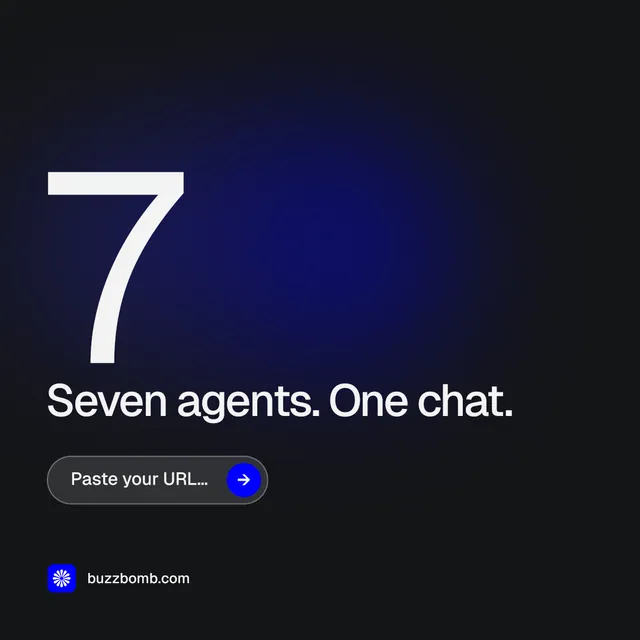 Instagram post for BuzzBomb: "Your AI marketing team." Agentic glass style, stat layout, dark palette in black, blue, grey.