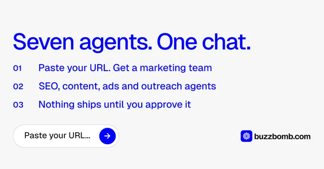 Social ad for BuzzBomb: "Seven agents. One chat." Agentic glass style, numbered layout, light palette in white, blue.